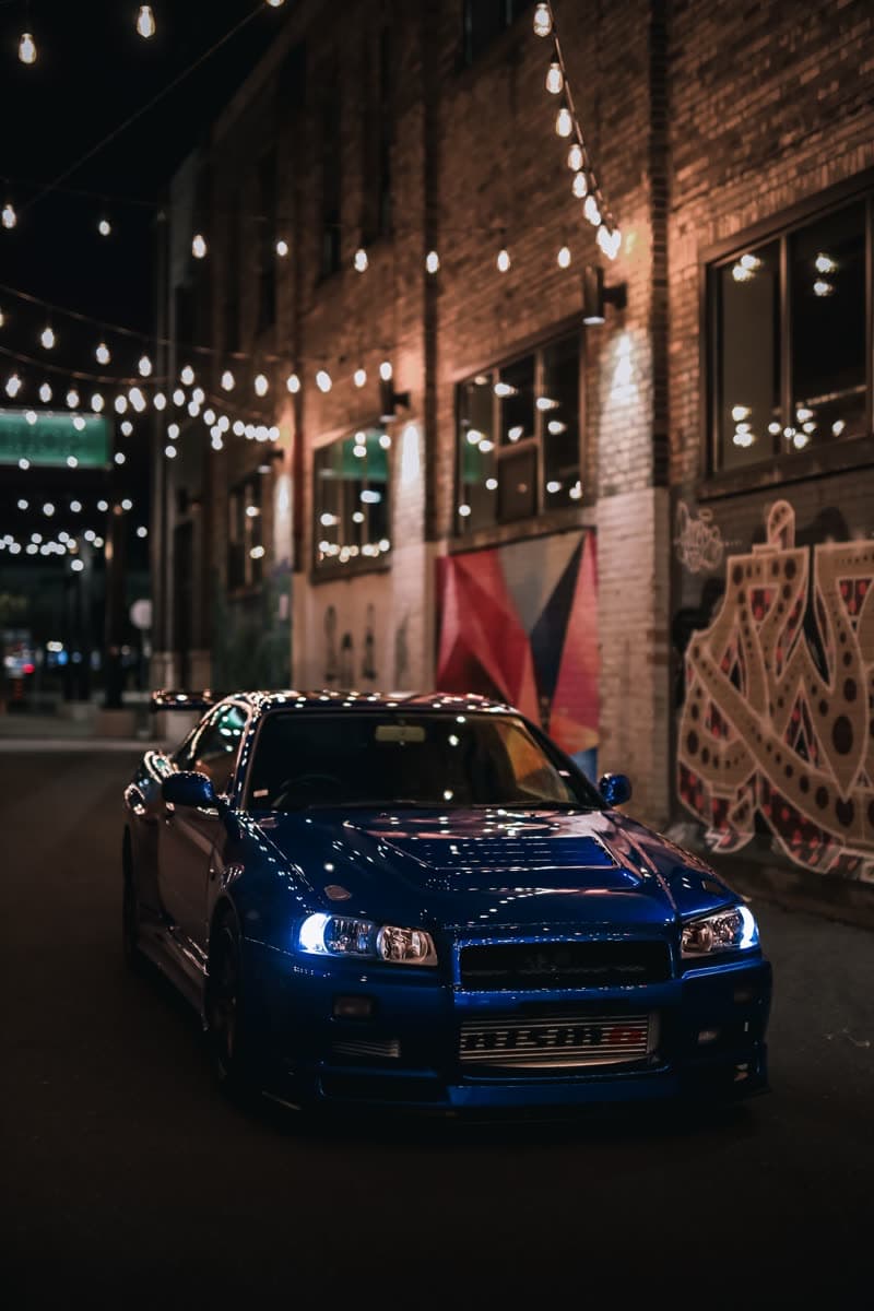 Blue Nissan Skyline R34 GT-R at night